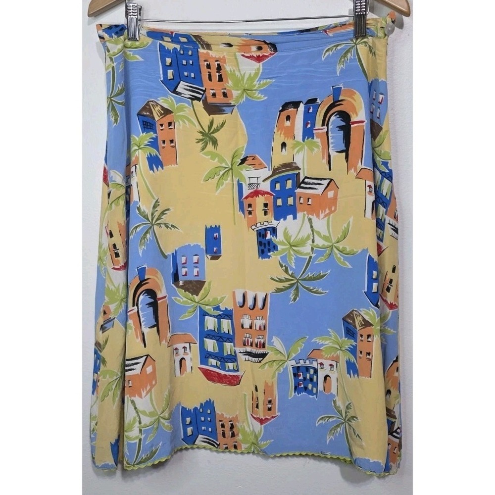 Silkland 100% Silk Venice Midi Skirt Town City Scene Yellow Cottage 14 Woman EUC
